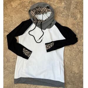Game Day Couture White  textured with Black Gray Animal Print Hoodie, Women's M